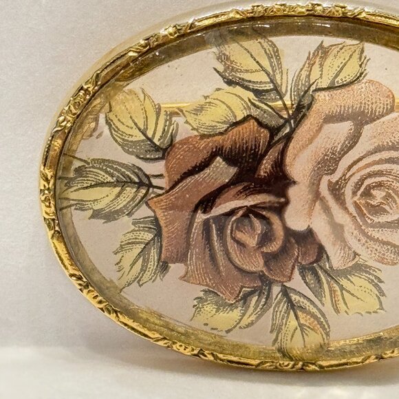 Vintage Oval Brooch Pin Clear Glass Flowers Roses - Picture 2 of 4